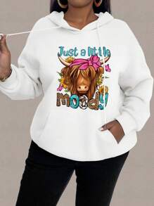 Calvaya Plus Size Cartoon Cow & Letter Printed Hooded Sweatshirt With Drawstring, Long Sleeve, Pocket, Daily Loose Fit Pullover Fall Outfit