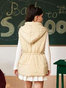 SHEIN Teen Girls Solid Color Hooded Sleeveless Padded Coat With Zipper, Tie And Pockets, Winter