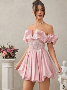 SHEIN Unity Off The Shoulder Dress With Lace Center And Bubble Hem - Dusty Pink - View 3