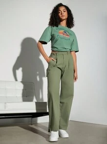 Hauture 翻盖口袋褶皱阔腿裤 - 橄欖綠 - 查看 5