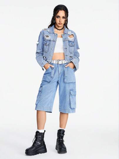 Grunge Punk Women's Distressed Denim Cropped Jacket