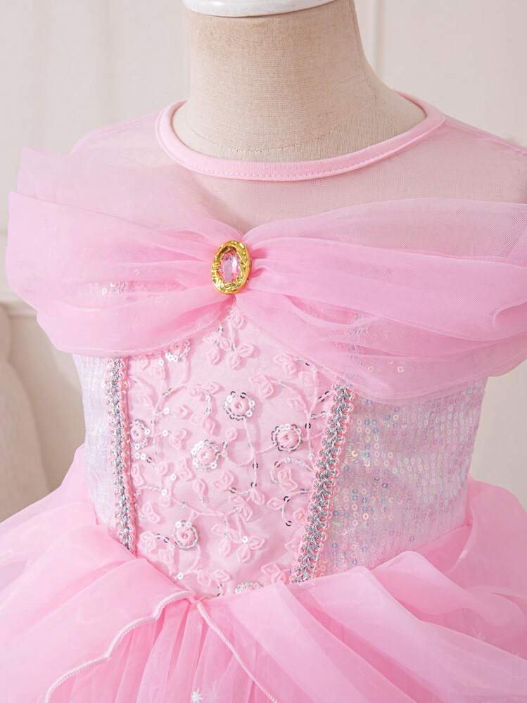 Glamorique Kids Robe de princesse pour jeune fille, robe en maille rose, robe de princesse en maille rose à imprimé floral, strass, robe de fête d'anniversaire, tenue de fête, robe de mariée de vacances, robe de soirée élégante, Moyen-Orient, Europe et Amérique - Rose bonbon - Voir 5