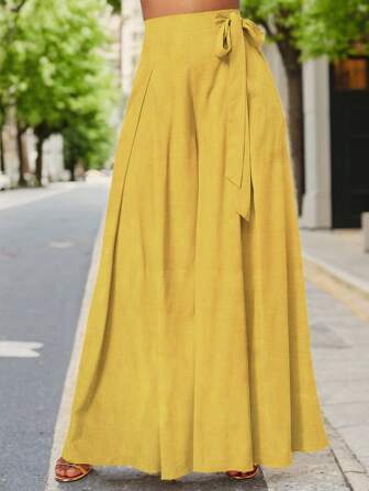 Women's Spring And Summer Fashion, Leisure And Elegant Slub Fabric, High Waist Wide-Leg Pants, Elastic Rubber Band Side Strap Pants At The Back Waist.