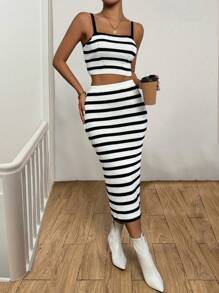 SHEIN LUNE Casual Striped Women's Knitwear Set (2pcs) - Black and White - View 4