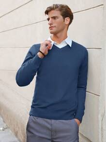 RueChic Men Solid V Neck Sweater Without Shirt - Blue - View 4