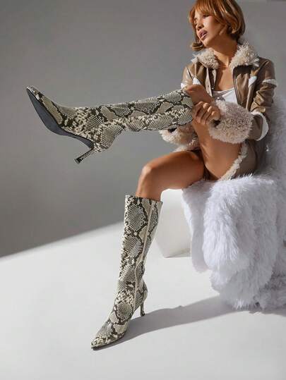 SHUZIA Women Shoes Knee High Boot Kitten Heel Pointy Toe Snake PU Beige Knee High Boot Summer Shoes Spring Shoes Spring Break Easter For Christmas