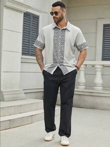 Manfinity Homme Plus Size Men's Single-Breasted Summer Casual Short Sleeve Shirt, Going Out