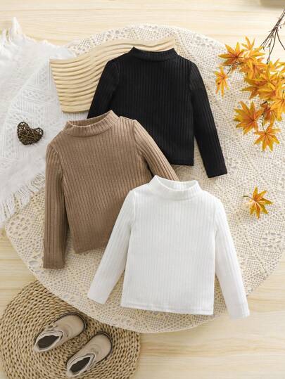 3 piezas/Set Parte superior de manga larga de punto elástica de unicolor para bebé niña, otoño/invierno