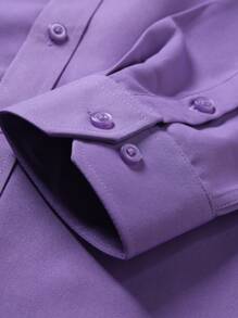 Manfinity Mode Men's Plain Button-Up Long Sleeve Formal Shirt, Simple And Mature Style, Lavender Dress Shirt Men, Men's Purple Button-Down Shirt, Fall - Purple - View 4