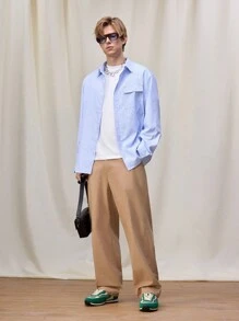 Manfinity Roghcode Pantalones rectos informales de unicolor con bolsillos para hombres - Caqui - Ver 3