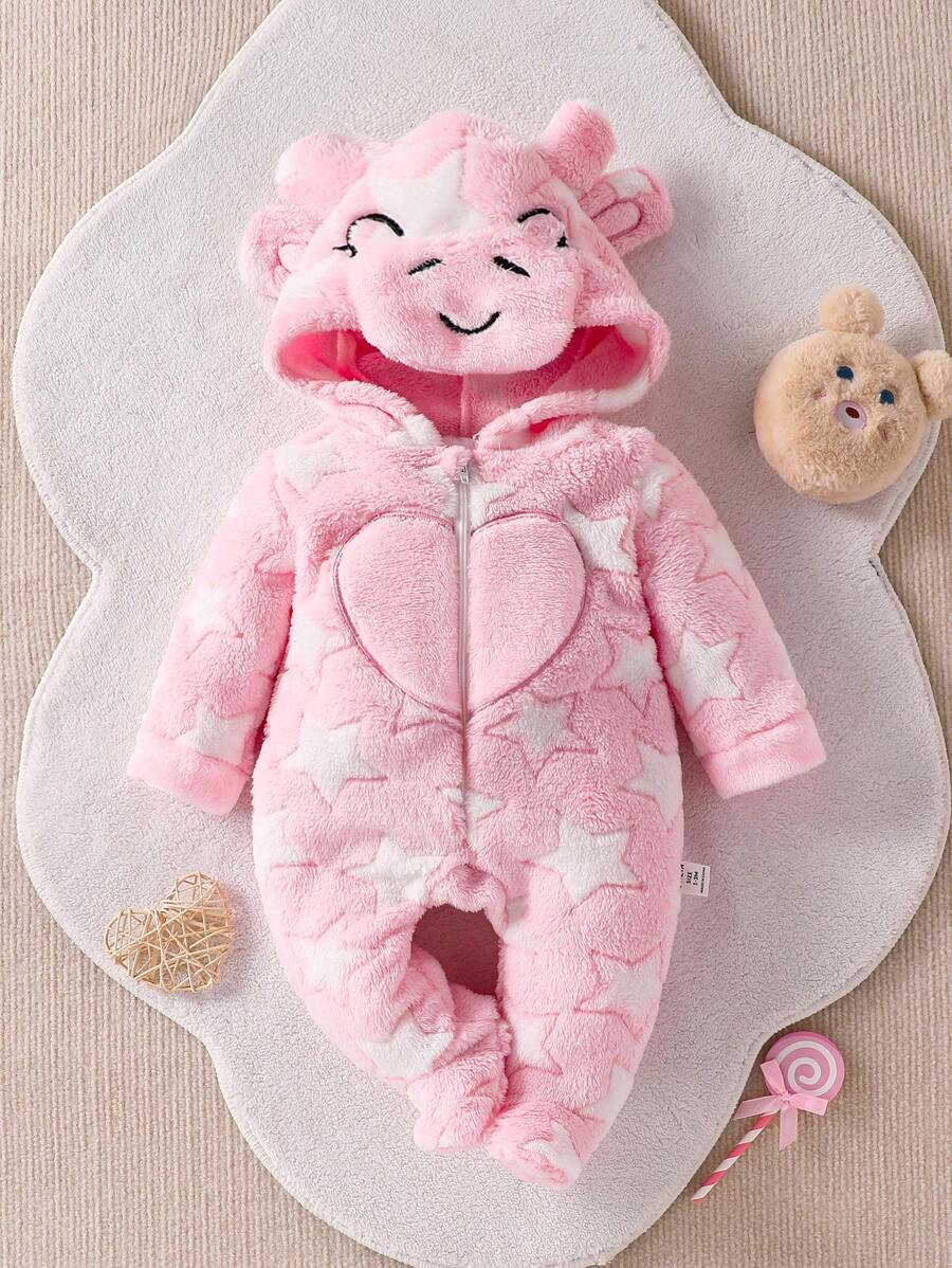 SHEIN 新生女婴冬季连体衣保暖动物印花睡衣家居服 - 淺粉色 - 查看 1