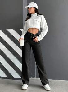 SHEIN Cottnline جينز نسائى بجيوب - رمادي غامق - مشاهدة 4