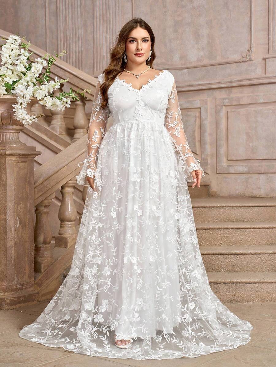 Váy cưới giản dị tối giản tay dài bằng lưới ren trơn cỡ lớn cho nữ - trắng - Xem 1