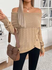 Chiquease Women's Oversized Collar Off Shoulder Button-Up Split Knit Sweater