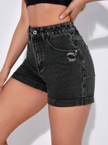 SHEIN EZwear Ripped Roll Up Hem Denim Shorts - Black - View 3