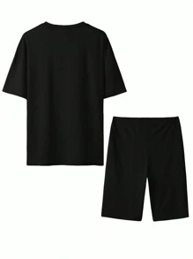 2pcs Summer New Design Finger Heart Print T-Shirt And Shorts Set For Women Casual Black - Black - View 2