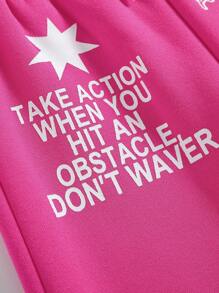 SHEIN Bộ 2 chiếc áo nỉ dày có mũ và quần thẳng đơn giản cho bé gái, thu đông - Màu Hồng Tươi - Xem 3