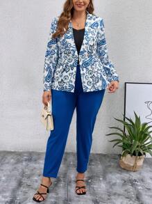 SHEIN Clasi Plus Size Printed Suit Jacket And Solid Color Trousers, Casual Two-Piece Set - Blue and White - View 6