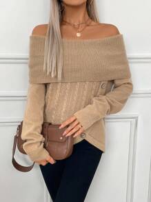 Chiquease Women's Oversized Collar Off Shoulder Button-Up Split Knit Sweater