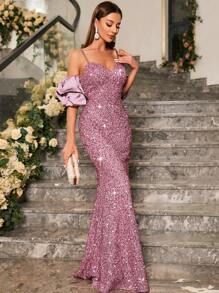 Vestido de vestir de hombros descubiertos ribete con fruncido con lentejuelas - Rosa vieja - Ver 5