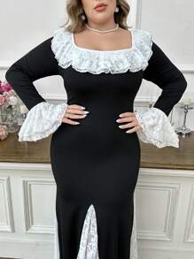Modelyn Plus Size Solid Color Patchwork Ruffle Hem Long Sleeve Dress, Elegant Maxi Dresses For Casual Daily/Holiday/Wedding Party/Evening - Multicolor - View 3