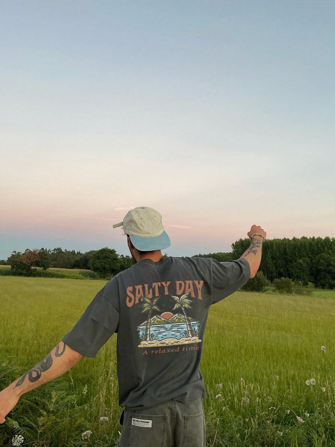 Men's Summer Letter & Palm Tree Print Round Neck Short Sleeve Casual T-Shirt