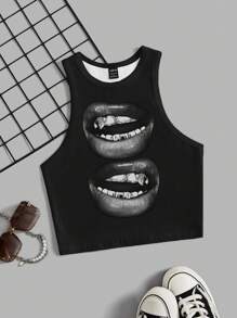 SHEIN EZwear 简约唇印圆领紧身女式吊带背心，适合夏季 - 彩色 - 查看 1