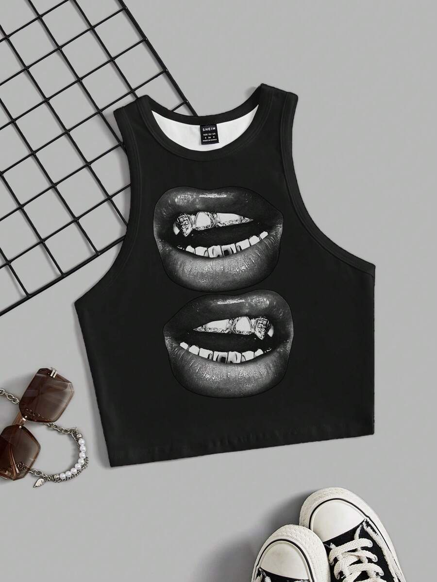 SHEIN EZwear 简约唇印圆领紧身女式吊带背心，适合夏季 - 彩色 - 查看 1