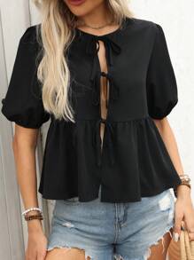 Pariaura Solid Color Casual Pleated Lapel Tie-Front Puff Sleeve Women's Shirt Peplum Top - Black - View 1