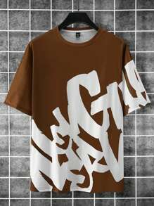 Manfinity LEGND Men's Letter Print Crew Neck Short Sleeve T-Shirt, Summer - Brown - View 3