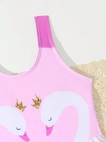 Young Girl Swan Printing Ruffle Trim One Piece Swimsuit, Suitable For Vacation - Mauve Purple - View 6
