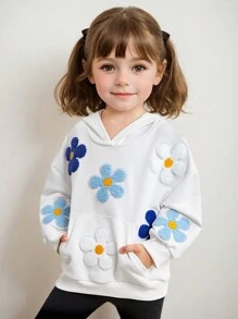 Young Girl Cute Floral Patched Pocket Drop Shoulder Drawstring Sweatshirt,In Fall/Winter - White - View 1