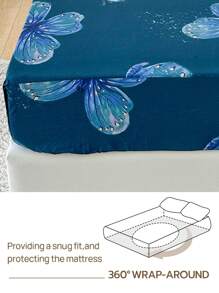 4件套100%涤纶蝴蝶印花床上用品套装（2个枕套+1个床单+1个床笠），现代涤纶床上用品套装，四季皆宜