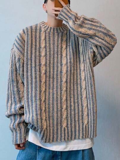 Áo len nam dài tay cổ tròn họa tiết dây xoắn thời trang retro mới thu đông của BAI YUE, phù hợp cho phong cách đường phố, phong cách Hàn Quốc, mặc ngoài, đi nghỉ mát và mặc thường ngày.