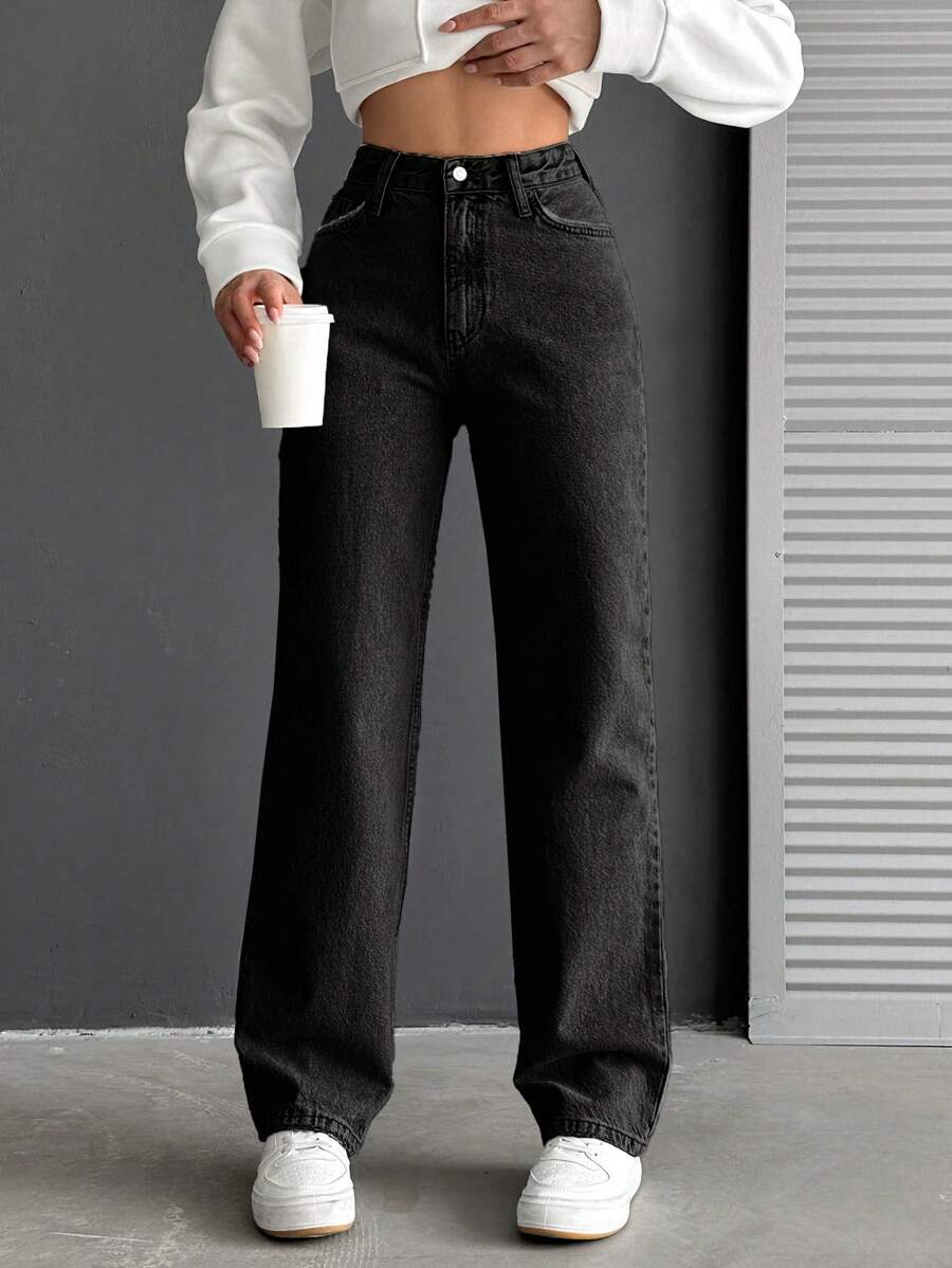 SHEIN Cottnline جينز نسائى بجيوب - رمادي غامق - مشاهدة 1