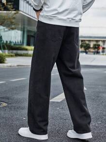 Manfinity Homme 大码男士休闲宽松直筒口袋牛仔长裤，街头服饰，纯色长款黑色深色洗水牛仔裤，洗水工装牛仔裤，适合送给老公、男朋友的礼物 - 黑色 - 查看 2