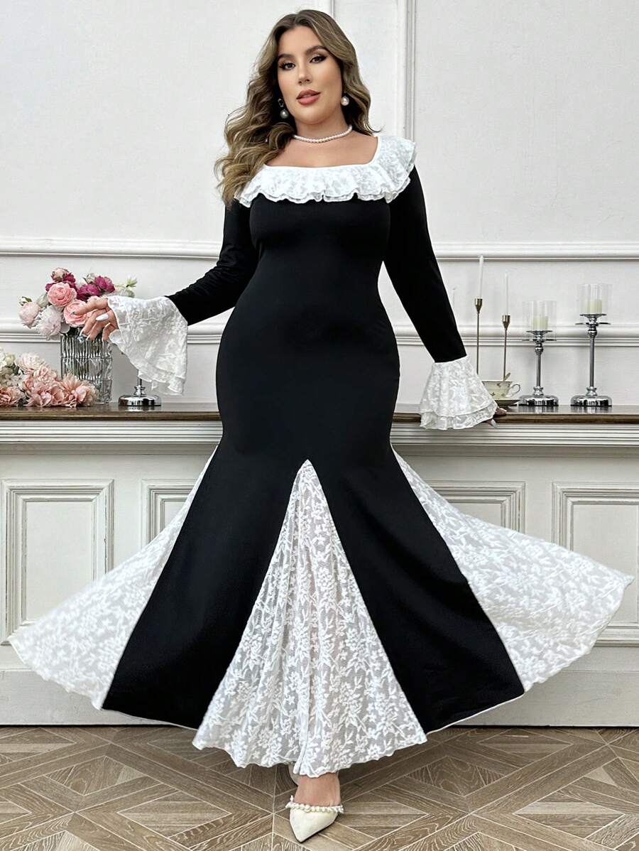 Modelyn Plus Size Solid Color Patchwork Ruffle Hem Long Sleeve Dress, Elegant Maxi Dresses For Casual Daily/Holiday/Wedding Party/Evening - Multicolor - View 1