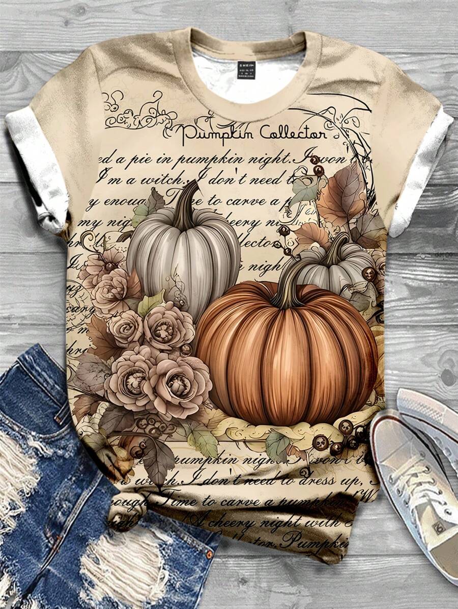 SHEIN LUNE Casual Simple Watercolor Pumpkin Floral Vintage Letter Graphic Crew Neck Loose Women Short Sleeve T-Shirt Summer Fall Tee, Halloween