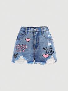 SHEIN Thanh thiếu niên (Cô gái) In hình trái tim Đau khổ Hem Nút phía trước Quần short denim nhiều túi - Rửa tối - Xem 1