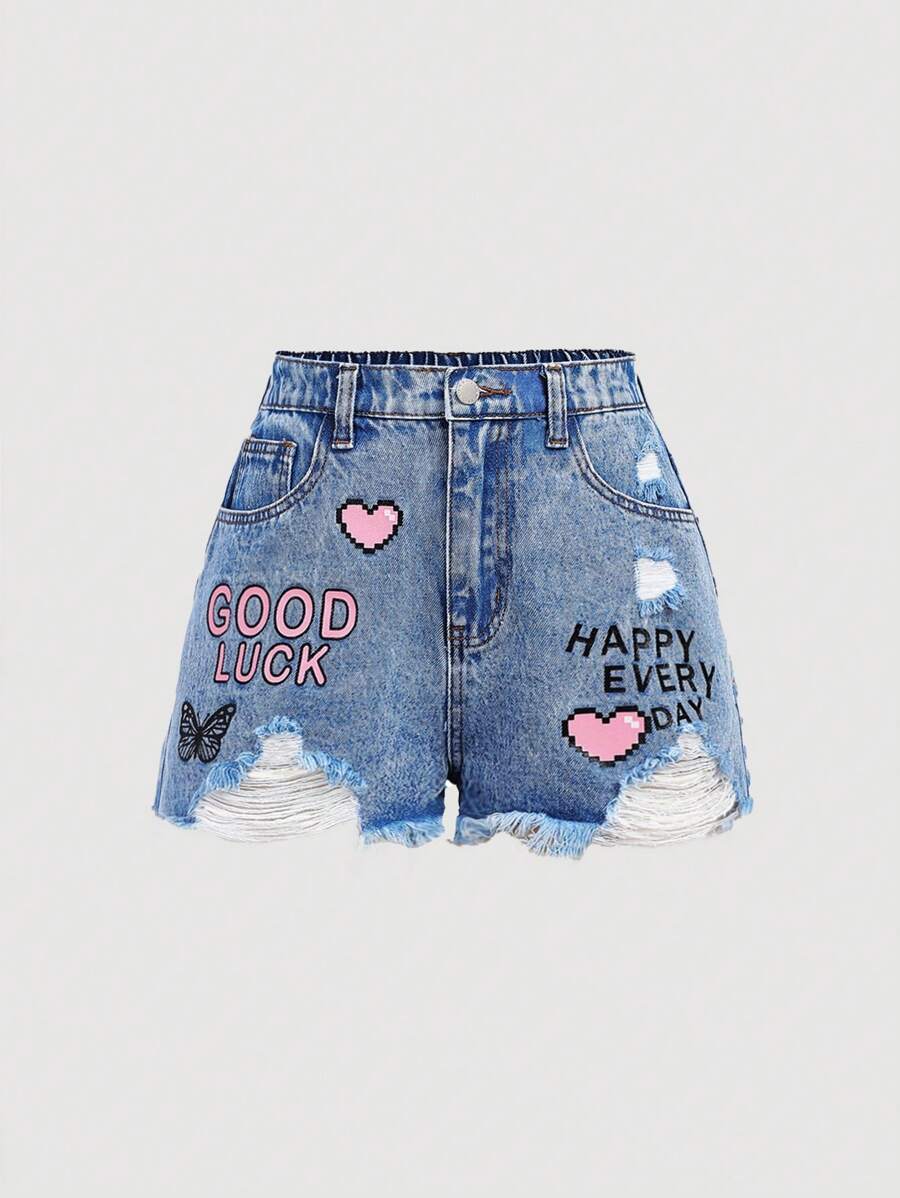 SHEIN Thanh thiếu niên (Cô gái) In hình trái tim Đau khổ Hem Nút phía trước Quần short denim nhiều túi - Rửa tối - Xem 1