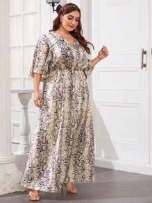 Modelyn Plus Flare Sleeve Snakeskin Pattern Satin Dress - Multicolor - View 5