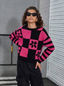 SHEIN Explorewe 女童拼色圆领休闲针织毛衣 - 黑色 - 查看 6