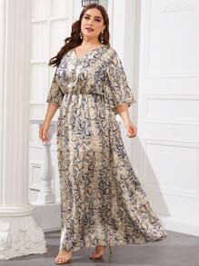 Modelyn Plus Flare Sleeve Snakeskin Pattern Satin Dress - Multicolor - View 1