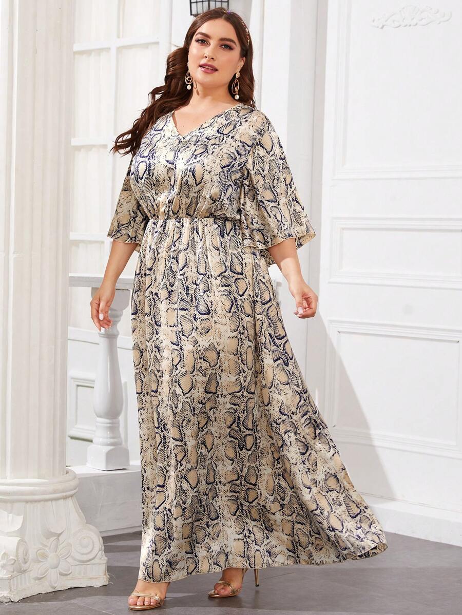 Modelyn Plus Flare Sleeve Snakeskin Pattern Satin Dress - Multicolor - View 1