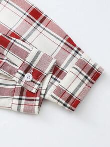 2 piezas, camisa de manga larga a cuadros y falda vaquera suelta de cintura para niñas preadolescentes - Rojo y blanco - Ver 8