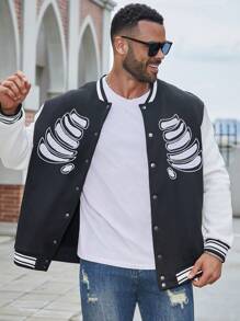 Manfinity LEGND Men's Casual Striped Print Baseball Collar Long Sleeve Bomber Jacket, Campus Style