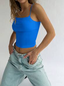 SHEIN EZwear Áo ba lỗ hở lưng Slim Fit dành cho nữ - Màu xanh lam - Xem 2
