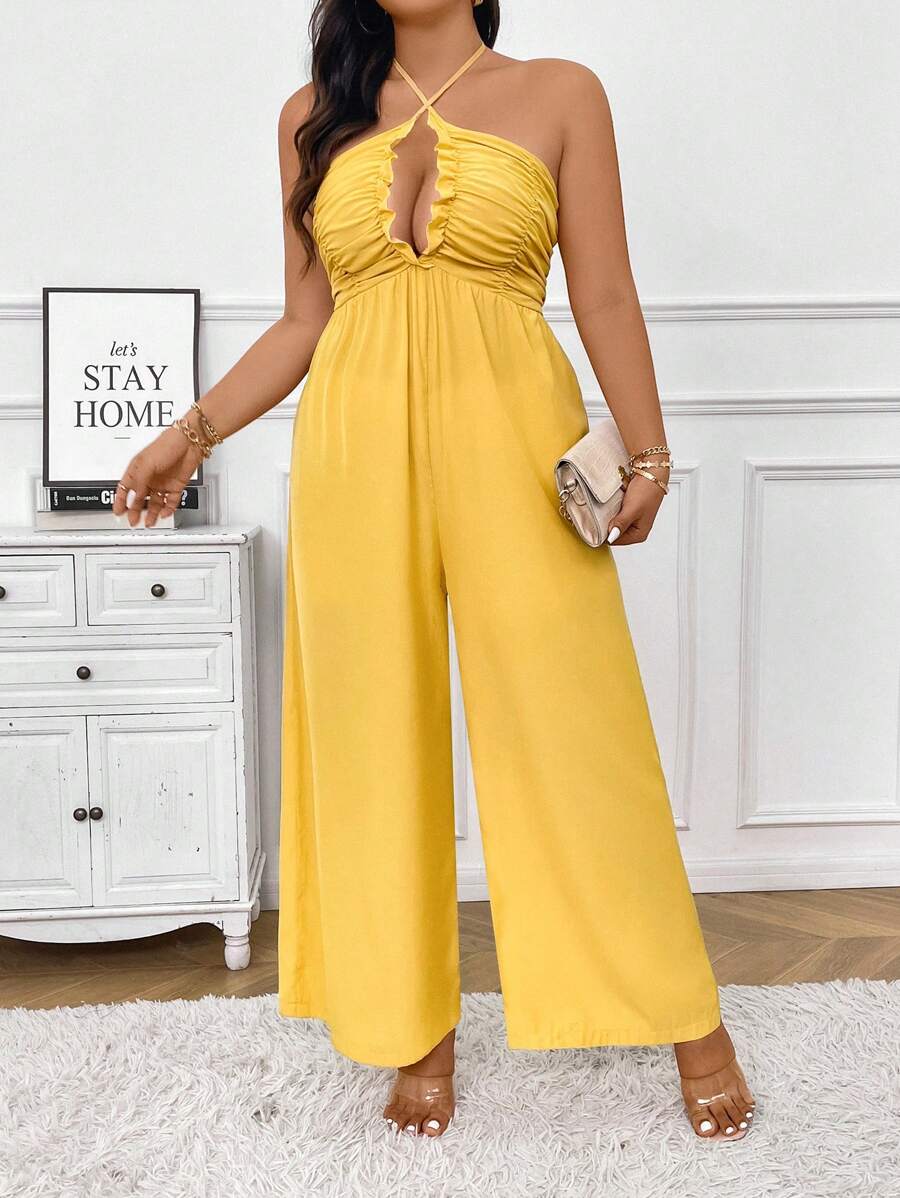 SHEIN Clasi Plus Size Women's Solid Color Wide-Leg Jumpsuit With Hollow Out Cross Halter Neckline Design - Yellow - View 1