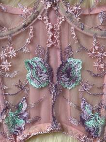 Floral Embroidered Lingerie Set, Bride Wedding Night, Sheer Lace Garter, Corset For Women Sexy Mesh Exotic Bridal - Hồng - Xem 9