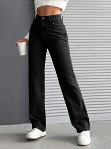 SHEIN Cottnline جينز نسائى بجيوب - رمادي غامق - مشاهدة 5